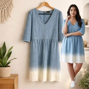 ELOQUII light blue denim frayed white tie-dye bottom hem midi dress plus size 16